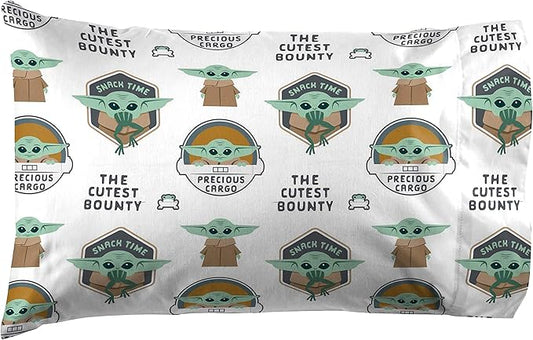 Jay Franco Kids Sheet Cartoon Set with Fitted, Flat Sheets & Pillow Cover - Ultra-Soft Bedding with Pillowcase for Room Decor, White - Mandalorian, 4 Piece Full