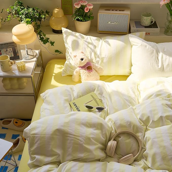 EAVD Yellow and White Vertical Striped Duvet Cover King Soft Washed Microfiber Farmhouse Yellow Striped Bedding Set with 2 Pillowcases Reversible Geometric Pattern Duvet Cover with Zipper Closure
