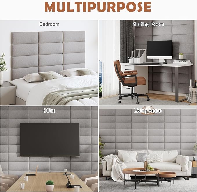 IFNOW Wall Mounted Headboard, Peel and Stick Panels, Medium Gray, King | 3D Soundproof Acoustic Padding, Reusable and Removable Tufted fabric Bed Headboard for bedroom (12 Panels, 10" x 24")