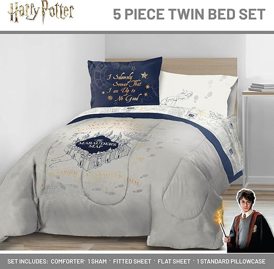 Jay Franco Kids Comforter Set Includes Sheets and Pillow Covers - Soft and Cozy Bed Set for Stylish Room Decor, Beige - Harry Potter, 5 Piece Twin Size Bedding