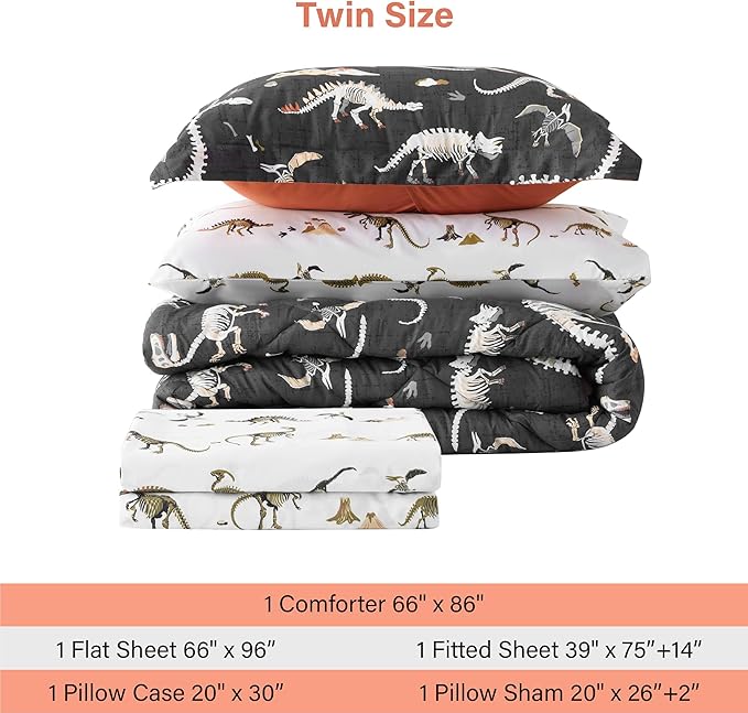 Grey Dinosaur Twin Comforter for Boys, 5 Pieces Kids Bedroom Bedding Set with Sheets and Pillowcase, Super Soft Lightweight for All Seasons, Machine Washable