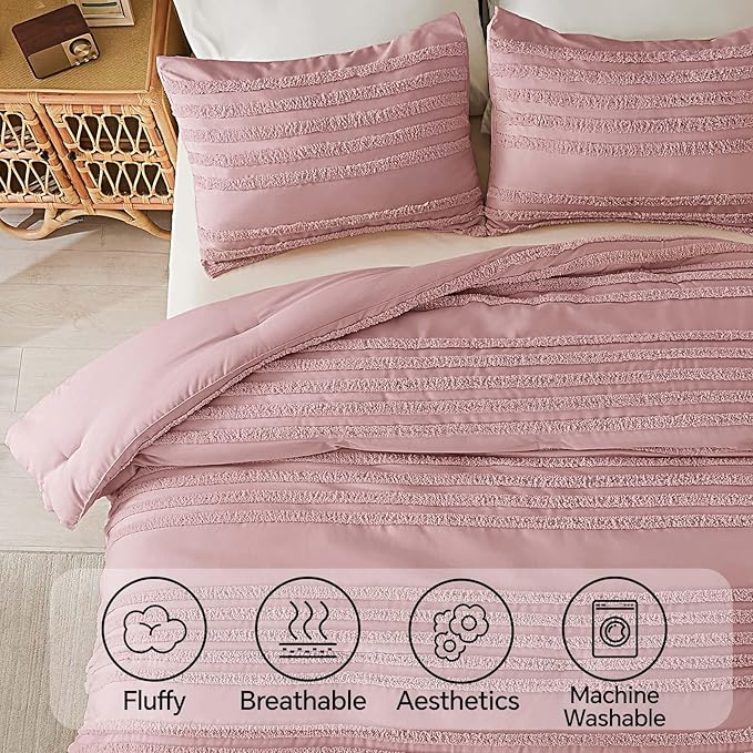 BEDELITE Boho Twin/Twin XL Comforter Set,Dusty Pink Tufted Striped Bed Set 2 Pieces, Soft Vintage Farmhouse Comforter for College, Boho Home Dorm Decor, Fluffy Jacquard Bedding with 1 Pillow Sham