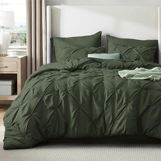 Bedsure Twin Comforter Set Olive Green - Bed in a Bag Twin Size Bedding 5 Pieces, GentleSoftโข Pintuck Bed Set Gift for Family, Pinch Pleat Olive Green Comforter with Sheets, Pillowcase & Sham