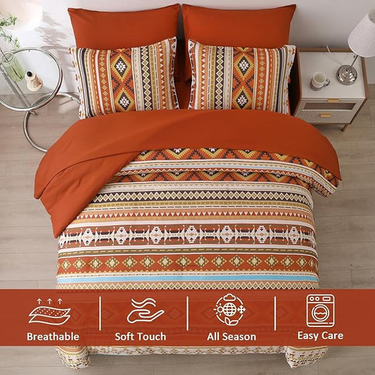 Dinjoy Queen Size Comforter Set Boho,Burnt Orange Bed in a Bag Queen Striped Bedding Sets Fall Terracotta Comforters with Sheets 7 Pieces Complete Set Aztec for All Season 90"x90"