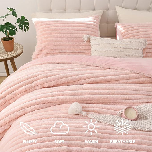 Smoofy Fluffy Twin Comforter Sets 2 Pieces - Blush Pink Fleece Fluffy Comforter Set, Luxury Fuzzy Twin Bedding Set, Soft Twin Size Comforter All Season, Heavy Faux Fur Comforter with Pillow Cases