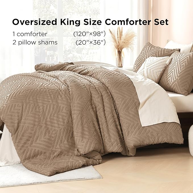 Litanika Oversized King Comforter Set Taupe, 3 Pieces Tufted Boho Farmhouse Bedding Comforter Set, Lightweight Fluffy All Season Comforter Set (120x98In Comforter & 2 Pillowcases)