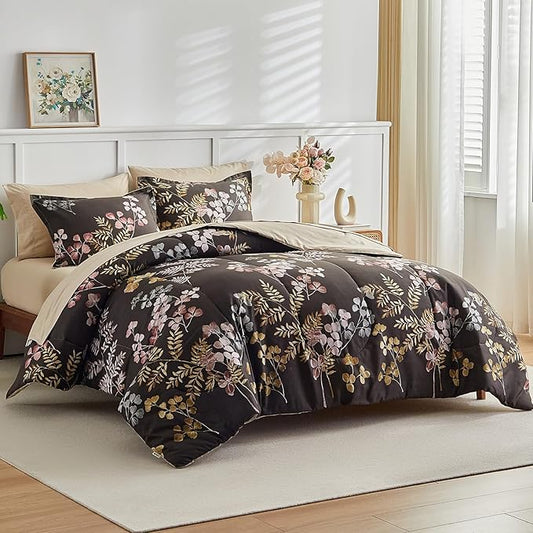 AIKASY Bed in a Bag 7 Pieces Queen Size - Floral Print - Soft Microfiber, Reversible Bed Comforter Set (1 Comforter, 2 Pillow Shams, 1 Flat Sheet, 1 Fitted Sheet, 2 Pillowcases)(Black, Queen)