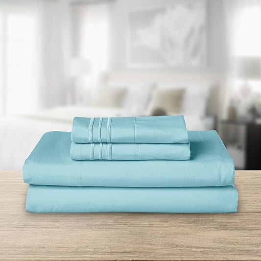 Elegant Comfort Luxurious 1500 Premium Hotel Quality Microfiber Three Line Embroidered Softest 4-Piece Bed Sheet Set, Wrinkle and Fade Resistant, Full, Aqua Blue