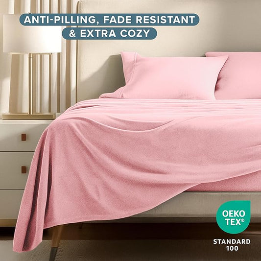 Bare Home Super Soft Fleece Sheet Set - King Size - Extra Plush Polar Fleece, No-Pilling Bed Sheets - All Season Cozy Warmth (King, Light Pink)