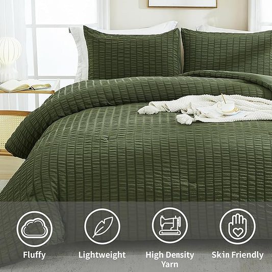 AveLom Dark Olive Green Seersucker Twin Comforter Set (68x90 inches), 2 Pieces-100% Soft Washed Microfiber Lightweight Comforter with 1 Pillowcase, All Season Down Alternative Bedding Set