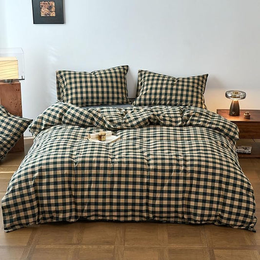 VM VOUGEMARKET Rustic Farmhouse Washed Cotton Duvet Cover King – Teal Beige Plaid Gingham, Casual Lightweight Bedding Set for Cozy Bedroom Decor