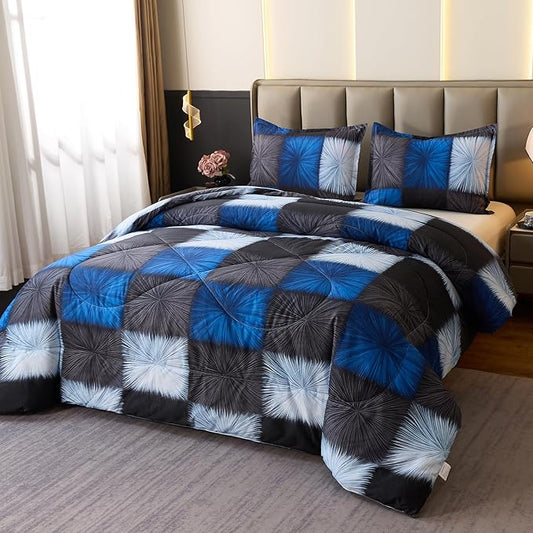Caressma Plaid Comforter Set Black and Navy Blue, Twin Size Black and White Checkered Comforter Bedding Set, Fluffy Black Grid Home Decor for All Seasons