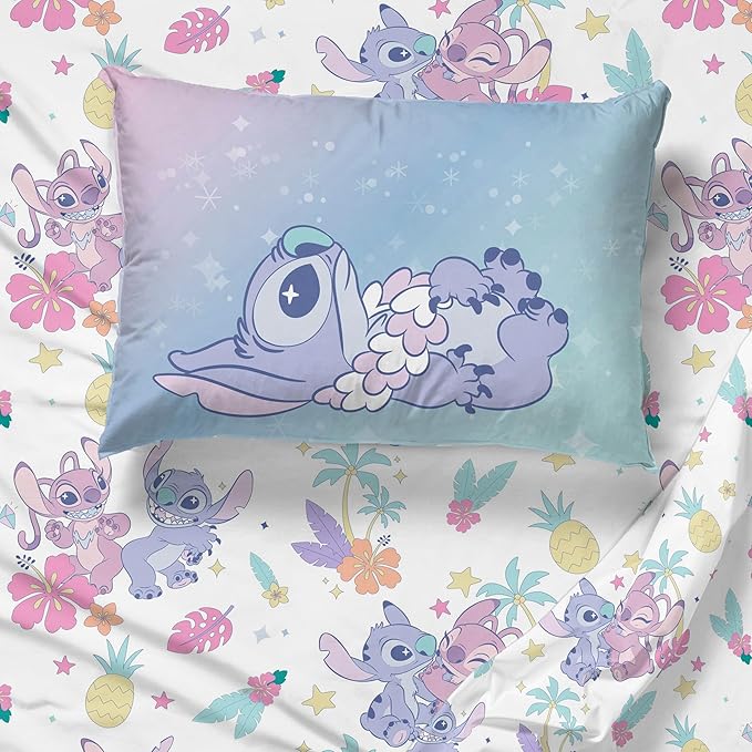 Jay Franco Disney Lilo & Stitch Full Size Sheet Set - 4 Piece Kids Bedding Includes Fitted Sheet, Flat Sheet & 2 Pillowcases - Ultra-Soft Brushed Microfiber, White Floral Stitch & Angel Design