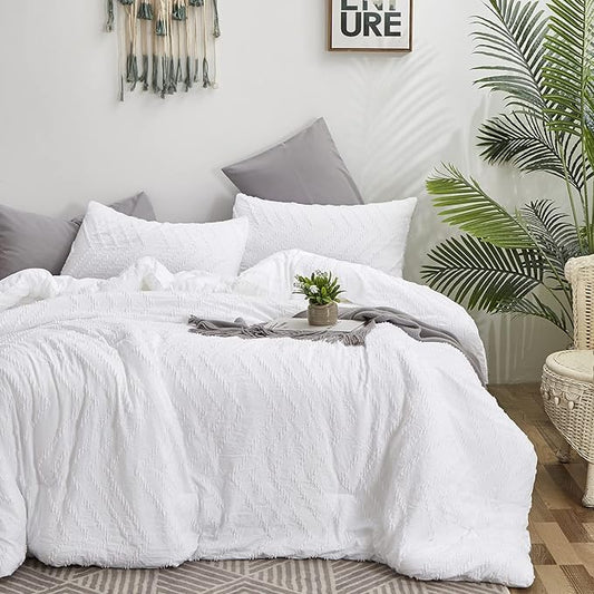 Houseri Boho Twin Tufted Comforter Set - Jacquard Embroidery Bedding - Shabby Chic - All White - Kids Solid Comforters & Quilts
