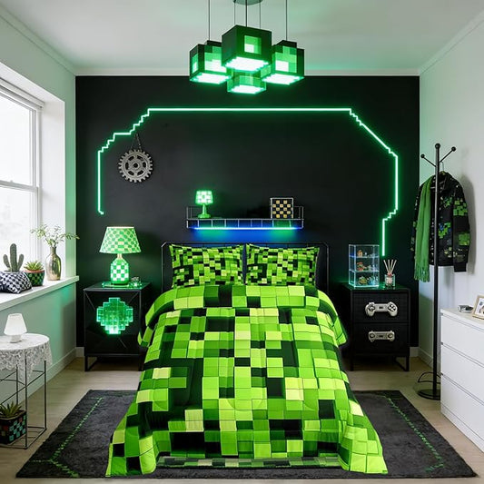 Pixelated Miners Game Comforter Set King Size,Video Games Gamepad Gaming Kids Bedding Set,Geometric Square Quilt Comforter,Light Green Duvet Insert,2 Pillowcases