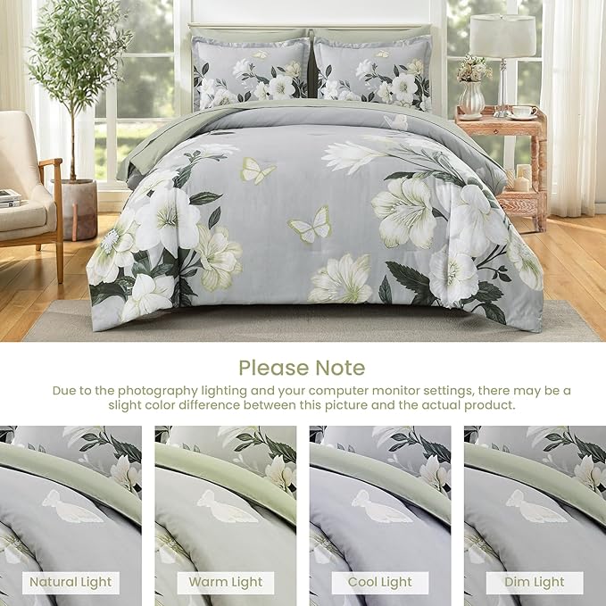 Floral Comforter Set Queen Size,7 Piece Sage Green Bed in a Bag, Elegant Flower Pattern Comforter Set with Sheet, Soft Microfiber Complete Bedding Sets for All Season