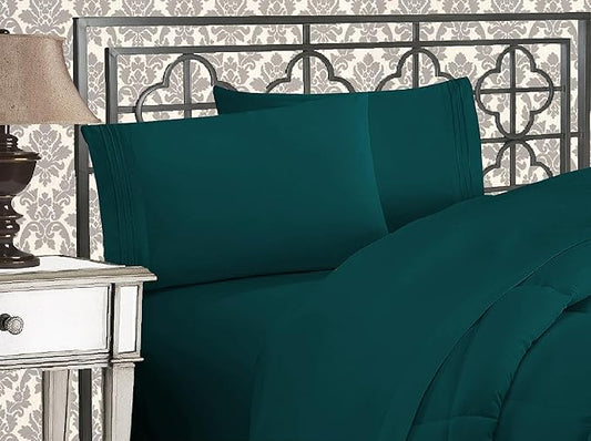 Elegant Comfort Luxurious 1500 Premium Hotel Quality Microfiber Three Line Embroidered Softest 4-Piece Bed Sheet Set, Wrinkle and Fade Resistant, California King, Marine Teal