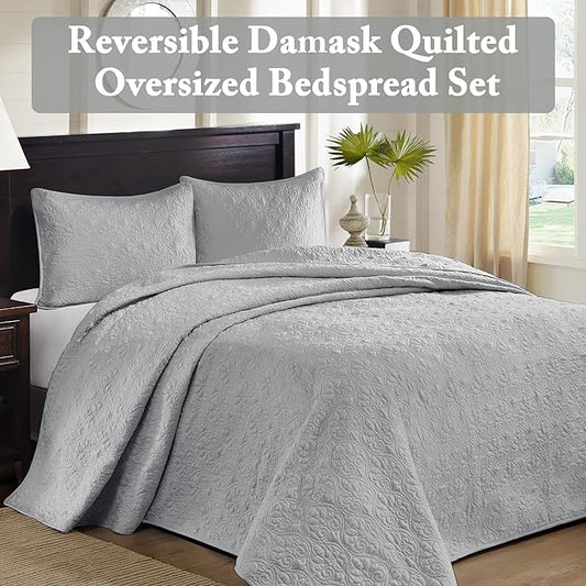 Madison Park Quebec King Size Quilt Bedding Set - Grey , Damask – 3 Piece Bedding Quilt Coverlets – Ultra Soft Microfiber Bed Quilts Quilted Coverlet