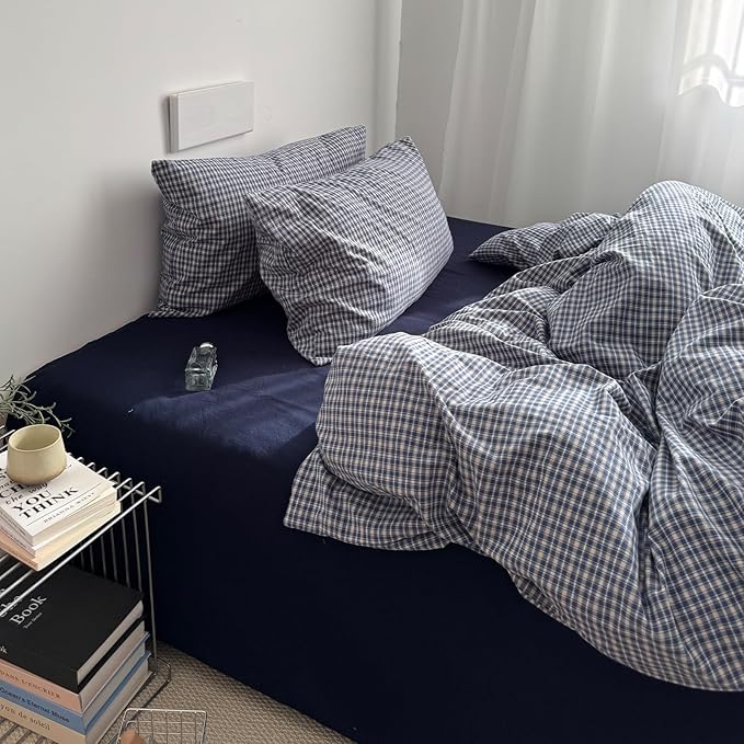 EAVD Vintage Blue Plaid Gingham Duvet Cover Queen Soft 100% Washed Cotton Reversible Grid Plaid Checkered Gingham Bedding Set with 2 Pillowcases Farmhouse Blue Plaid Duvet Cover with Zipper