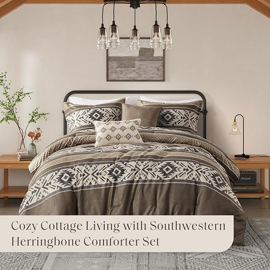 Madison Park Queen Comforter Set, Stripes Herringbone Southwestern Boho Comforters Queen Size, All Season Lightweight & Fluffy Microfiber Bed Set, 2 Décor Pillows, Mariposa, Full/Queen Brown 5 Piece