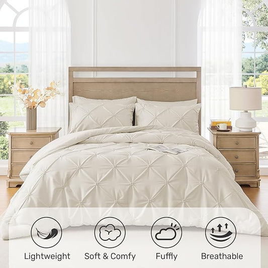 UNIKOME King Size Comforter Set Beige - Ultra Soft Boho Pintuck Cream Down Alternative Bedding Set for All Seasons, 3 Pieces Lightweight Warm Pinch Pleat Bed Set with Comforter, 2 Pillowcases
