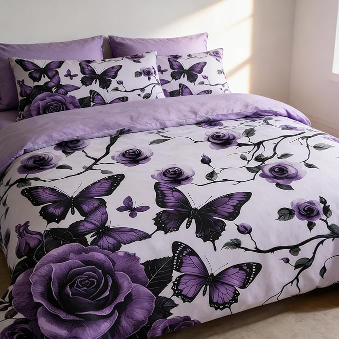 Vintage Floral Comforter Set King Size, Purple Floral Bedding Set for Gothic Bedroom Decor, 3 Pieces Soft Microfiber Lightweight Comforter Set with 2 Pillowcases, 90"x104"