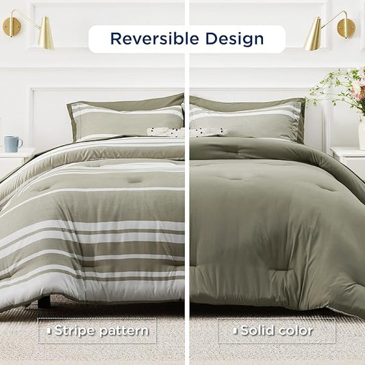 Bedsure Queen Comforter Set 7 Pieces, Olive Green Striped Bedding Set for All Seasons, Reversible, Cationic Dyeing Bed in a Bag with Comforter, Sheets, Pillowcases & Shams