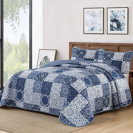 Dobuyly Boho Quilt Set Queen Size Navy Blue Plaid Patchwork Bedspread Coverlet Set, 3 Pieces Summer Quilt Bedding Set Soft Lightweight Navy Boho Farmhouse Bed Cover for All Seasons 96"x90"