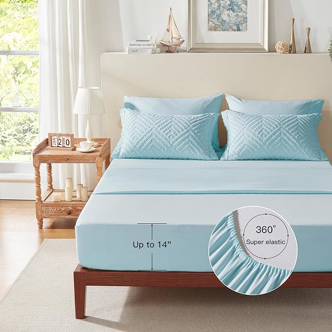 Zzlpp Queen Comforter Set 7 Pieces, Light Blue Tufted Bed in a Bag with Comforter and Sheets,All Season Boho Bedding Sets with Comforter, 2 Pillow Shams, 2 Pillowcases, 1 Flat Sheet, 1 Fitted Sheet