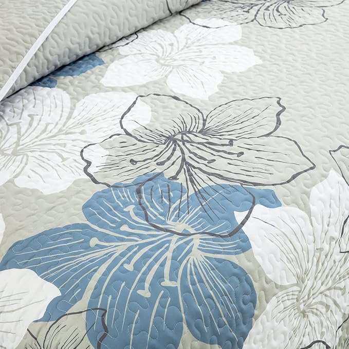 DJY 3 Pieces Quilt Set Queen Floral Pattern Coverlet Elegant Boho Bedspread with 2 Pillow Shams Lightweight Microfiber Bedding All Season (Blue, 90"x96")