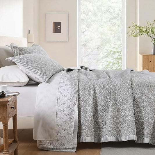 SahSahCasa Quilt Set Queen Size, 100% Cotton Quilt Bedding Set Bedspread, Botanical Pattern Solid Color Chic Lightweight Quilted Comforter for Queen Bed, White/Gray, All Season, 3 Pieces