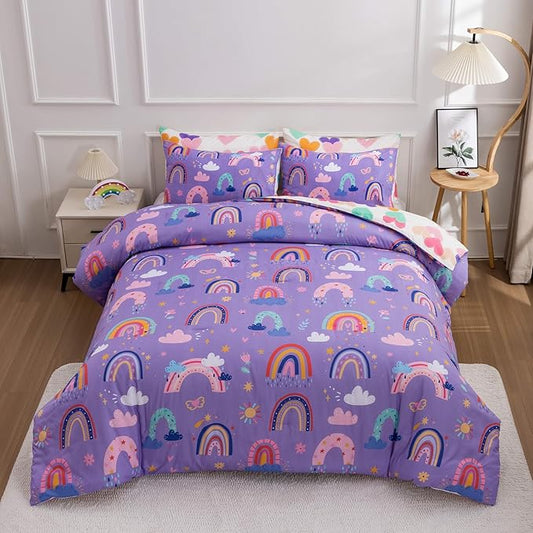 Btargot Lightweight Soft 3 Piece Rainbow Comforter Set with 2 Pillow Covers, Cartoon Love Hearts Flowers and Sun Star Bedding Set for Girls Boys Kids, Queen Dark Purple