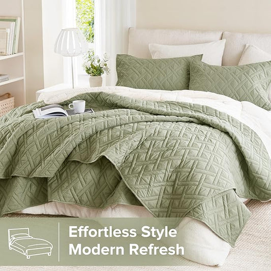 Comfort Spaces Queen Quilt Set Modern Reversible Diamond Coverlet Queen Bedding Set Cozy Quilted Winter Layer, All Season Lightweight Soft Queen Size Quilt, Kienna, Full/Queen Olive Green3 Piece