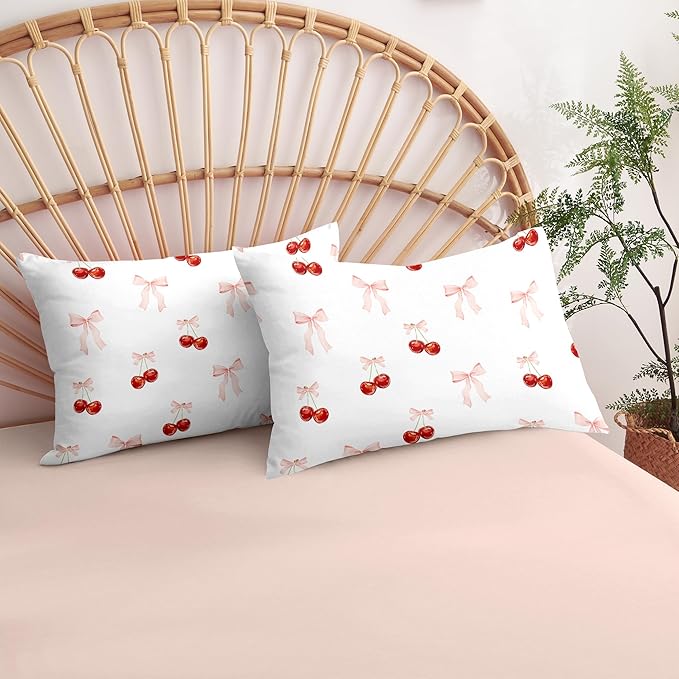 Nayoroom Pink Bow Comforter Set Full Size Reversible Red Cherry Comforter 3 Pieces Soft Lightweight Kids Girls Cute Aesthetic Dorm