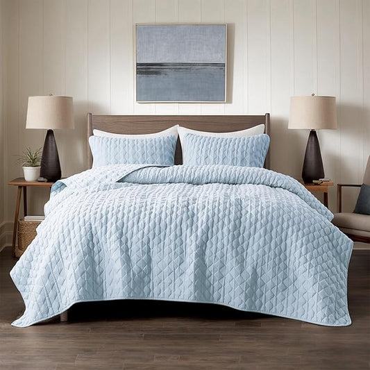 WDCOZY Light Blue Twin Size Quilt Bedding Set with 1 Pillow Sham, Lightweight Soft Bedspread Coverlet, Thin Comforter Bed Cover for All Season, 2 Pieces, 68x90 inches