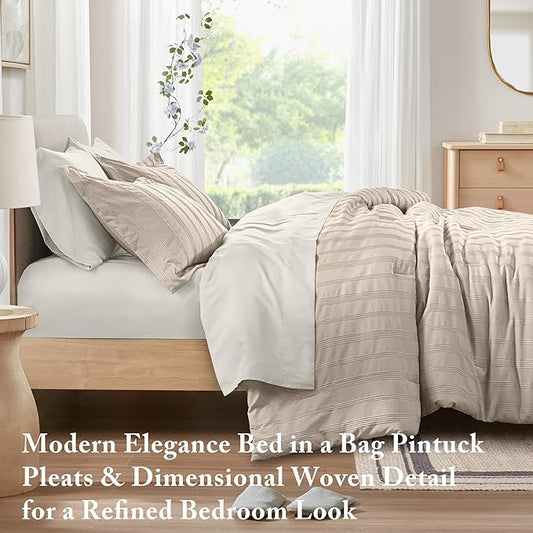 Madison Park Essentials Striped Comforter Set Full, 7 Pieces Modern Minimalist Jacquard Bedding Set for All Season, Bed in A Bag with Sheet Set and Soft Brushed Reverse, Lightweight Neutral