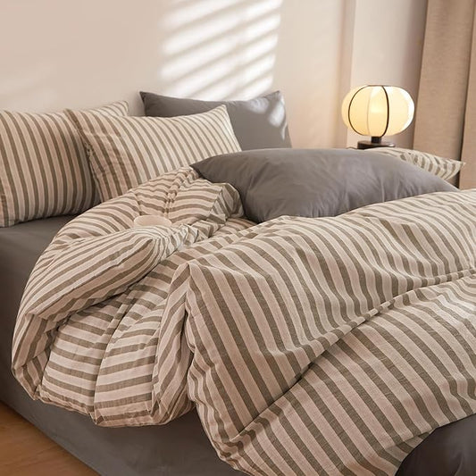 HighBuy Grey Gingham Comforter Set King Size Stripe Pattern Art Decor Bedding Comforter Set Lightweight Fluffy Bedding Set Geometric Modern Comforter Set 1 Bohemian Comforter 2 Pillowcase