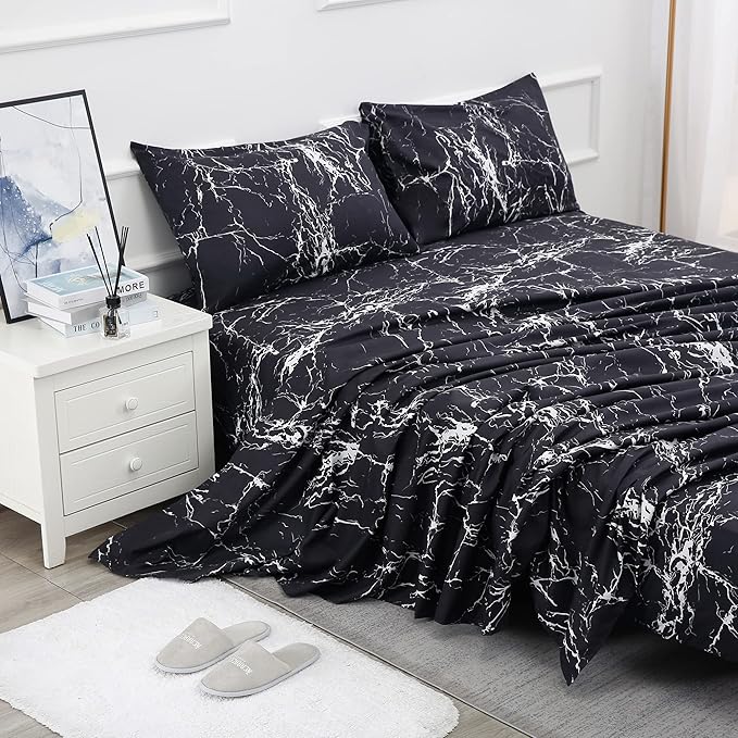 Best Season Bed Sheet Set 4 Pieces -Queen Size-Soft Durable Microfiber Bedding Sheet Set,Deep Pocket,Stain,Fade & Wrinkle Resistant(Black Marble)