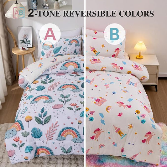 Btargot Lightweight Soft 3 Piece Rainbow Comforter Set with 2 Pillow Covers, Cartoon Leaves Flowers Bedding Set for Girls Boys Kids, Full Green