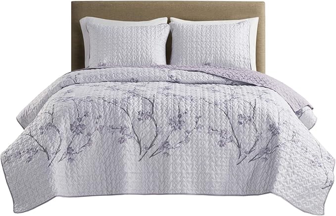 Comfort Spaces Reversible Quilt Set-Vermicelli Stitching Design All Season, Lightweight, Coverlet Bedspread Bedding, Matching Shams, King (104 in x 90 in), Kate Floral Purple 3 Piece