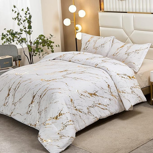 WONGS BEDDING White Gold Metallic Marble Comforter Set California King Foil Print Glitter Bedding Sets with 2 Pillowcases for All Seasons, Soft Microfiber Filling Bedding Duvet Set 104"x96"