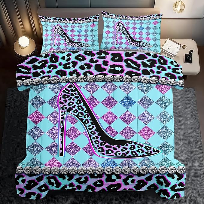 Rainbow Cheetah Print Comforter Set Full Girls Sexy High Heels Leopard Print Bedding Set Women High Heels Leopard Comforter Quilt Bedroom Decor Animal Cheetah Bedding Bed Decor