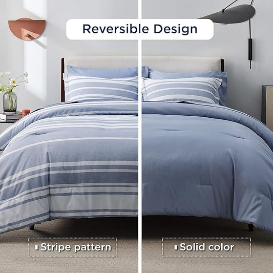 Bedsure Full Comforter Set 7 Pieces, Blue Striped Bedding Set for All Seasons, Reversible, Cationic Dyeing Bed in a Bag with Comforter, Sheets, Pillowcases & Shams