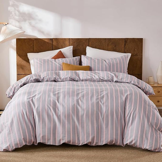 Merryword 100% Cotton Duvet Cover Set King Size - Gray and Pink Striped Bedding Set with Zipper & Corner Ties, 3-Piece Luxury Linen Like Bedding Set for All Seasons