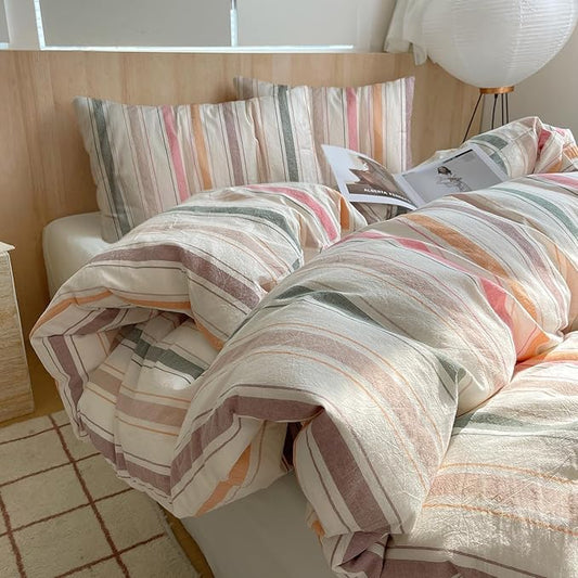 EAVD Retro Striped Comforter Set King Soft 100% Washed Cotton 3-Piece Colorful Striped Bedding Set with 2 Pillowcases Vintage Multicolor Geometric Pattern Comforter Set for All-Season