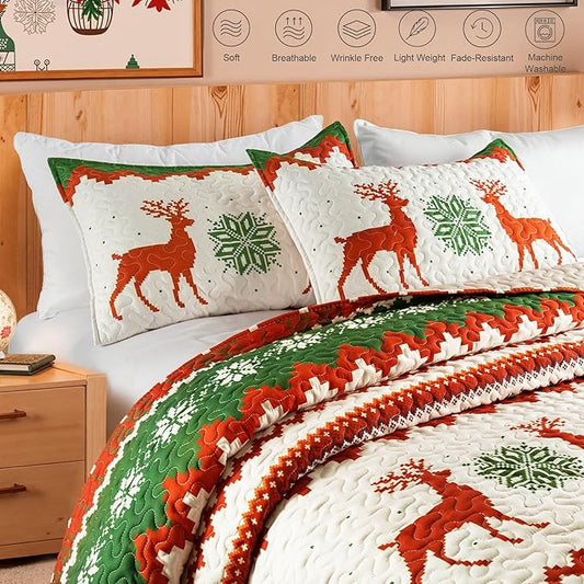 Whale Flotilla Christmas Quilt Twin Size, Soft Boho Floral Bedspreads for Bed Reversible Lightweight Twin Quilt Bedding Set Coverlets with 1 Pillow Sham for All Seasons, Happy Snowflake