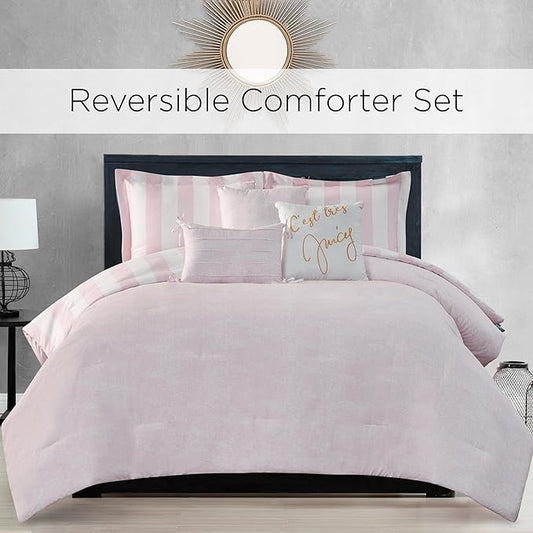 Juicy Couture Cabana Stripe Reversible Bedding Set - Twin/Twin XL Size - Dogwood Pink/White Stripe Print - 5 Piece Set - Includes 1 66" x 90" Comforter, 3 Decorative Pillows, 1 Sham