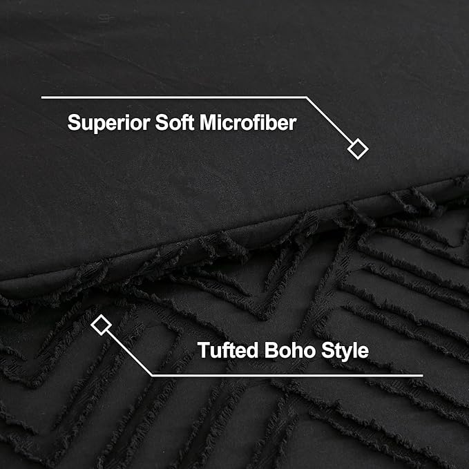 Litanika Black Queen Comforter Set, 3 Pieces Tufted Boho Farmhouse Bedding Comforter Sets, Lightweight Fluffy Comforter Bed Set for All Season (90x90In Comforter and 2 Pillowcases)