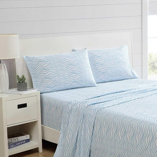 Nautica - Sheet Set, Breathable & Cooling Microfiber Bedding with Matching Pillowcases, Deep Pocket, Fully Elasticized (Linearly Waves Ocean Breeze Blue, Queen)