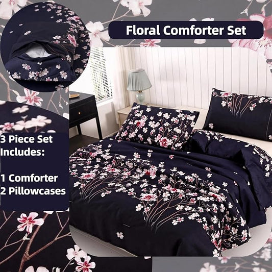 SDIII Navy Blue Floral Comforter Set Queen 3 Pieces, Soft Microfiber Lightweight Floral Queen Comforter Set, Vintage Bedding for All Season